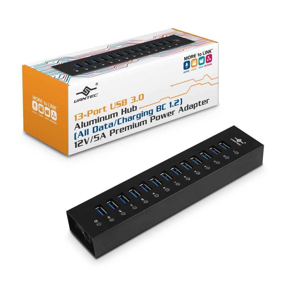 Vantec UGT-AH131U3-BK 13-Port USB 3.0 Aluminum Hub Data Charging 12V 5A
