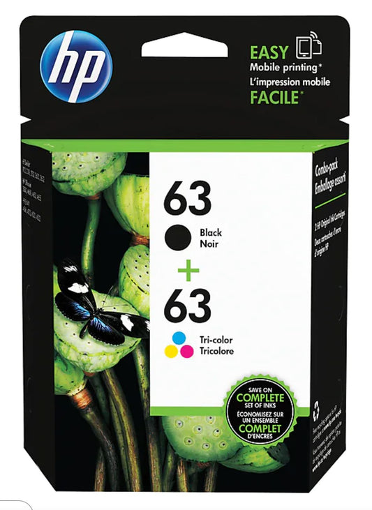 HP 63 Black/Tri-Color Standard Yield Ink Cartridge, 2/Pack (L0R46AN)