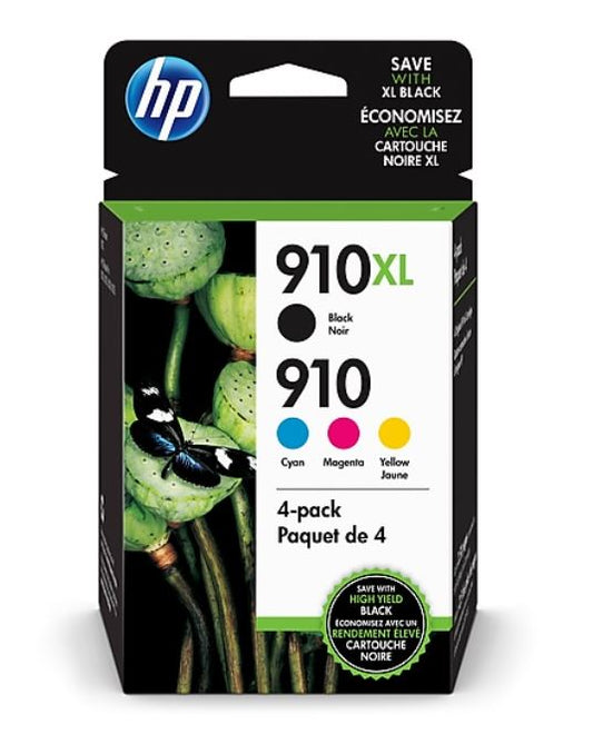 HP 910XL/910 Black High Yield and Cyan/Magenta/Yellow Standard Yield Ink Cartridge, 4/Pack (3JB41AN)