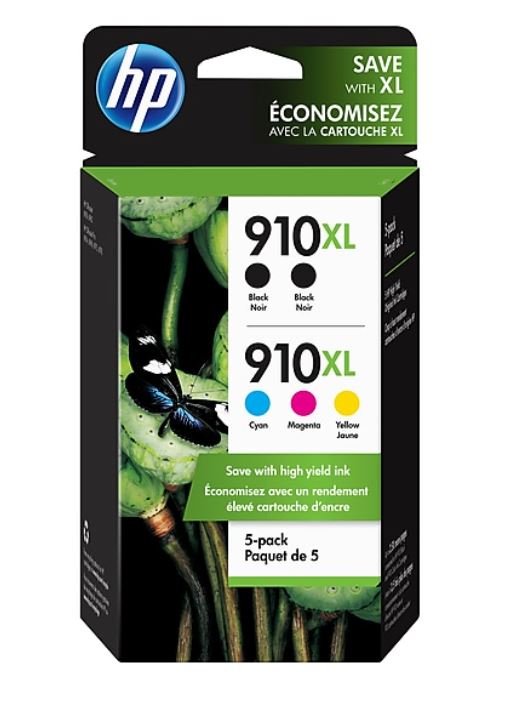 HP 910XL Black/Cyan/Magenta/Yellow High Yield Ink Cartridges, 5/Pack (6ZA558AN)