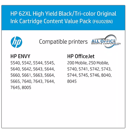 HP 62XL High Yield Ink, Combo Pack, 2 Pack (F6U02BN) HP