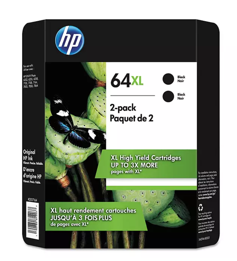 HP 64XL Black Ink Cartridge, 2 pk (X4D94BN) All Office Smarts