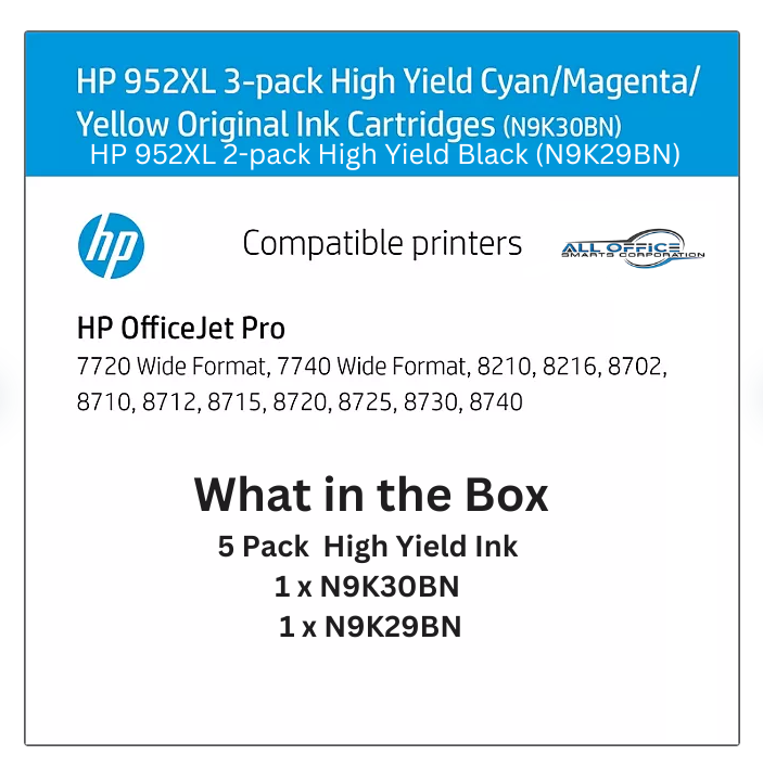 HP 952XL Black/Cyan/Magenta/Yellow High Yield Ink Cartridge, 5/Pack (N9K29BN & N9K30BN) Synnex