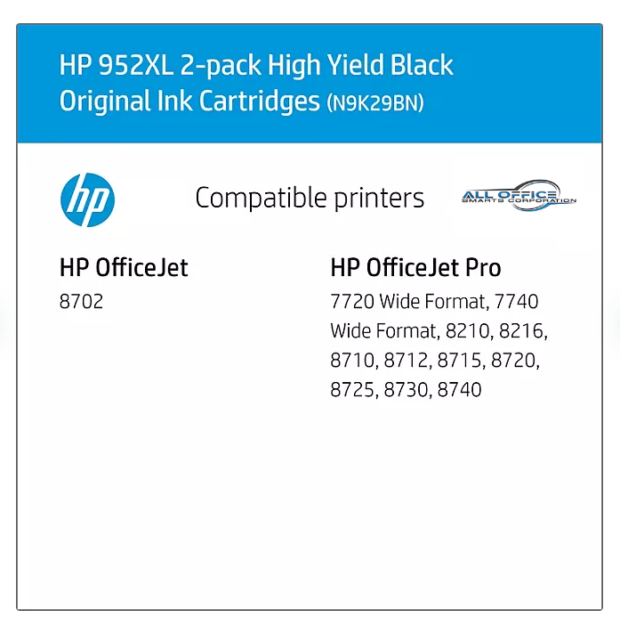 HP 952XL High Yield Black Original Ink Cartridge 2 Pack (N9K29BN) Synnex