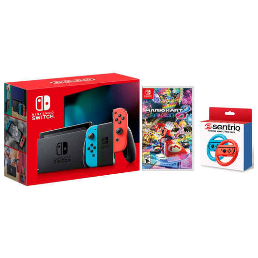 Nintendo Switch with Neon Red/Blue Joy‑Cons + Mario Kart 8 Deluxe + Sentriq Racing Wheel Two Pack Joy Con Attachments - Japan Import with US Plug - All Office Smarts