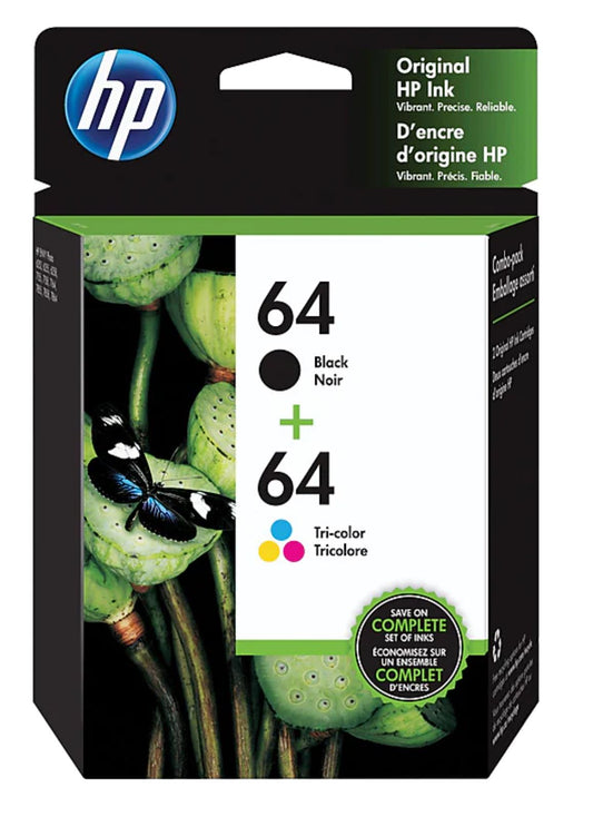 HP 64 Black/Tri-Color Standard Yield Ink Cartridge, 2/Pack (X4D92AN)
