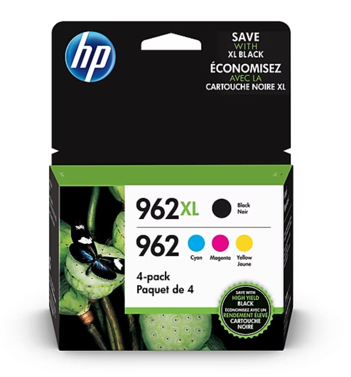 HP 962XL/962 Black High Yield and Cyan/Magenta/Yellow Standard Yield Ink Cartridge, 4/Pack (3JB34AN) HP