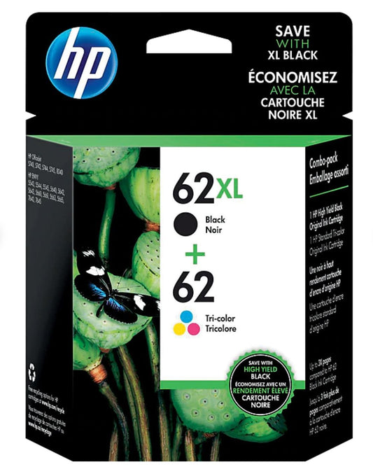 HP 62XL/62 Black High Yield and Tri-Color Standard Yield Ink Cartridge 2/Pack (N9H67FN)
