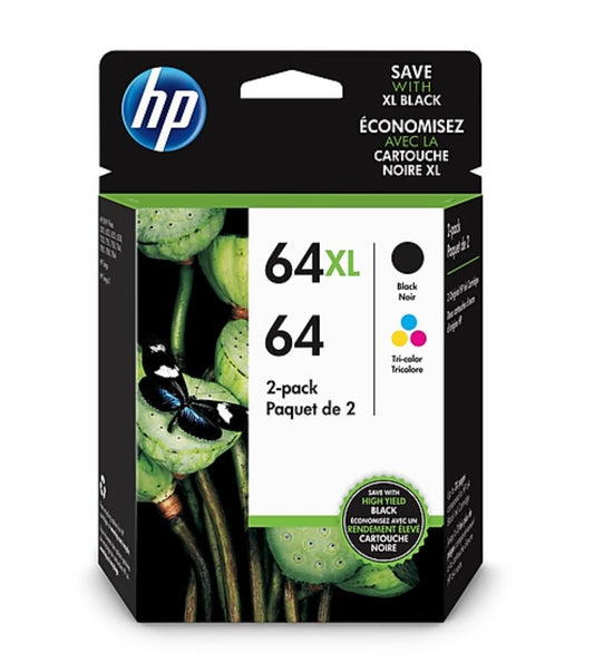 HP 64XL/64 Black High Yield and Tri-Color Standard Yield Ink Cartridges 2/Pack (3YP23AN)