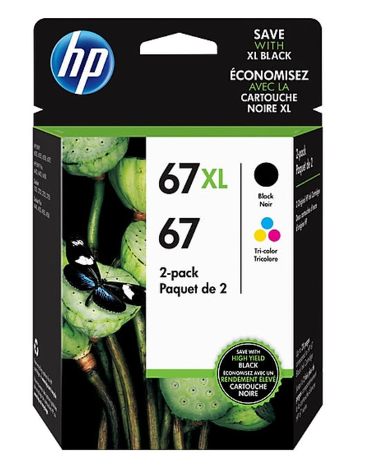 HP 67XL/67 Black High Yield and Tri-Color Standard Yield Ink Cartridge, 2/Pack (3YP30AN)